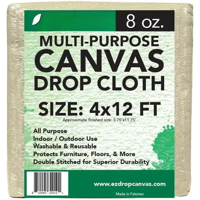 4 ft. x 12 ft. Heavy Duty Cotton Duck Canvas Drop Cloth Tarp, All Purpose Cover That Protects Floors & Furniture, Ideal for Painting, Construction Debris, Paint, Dust, Dirt Shielding