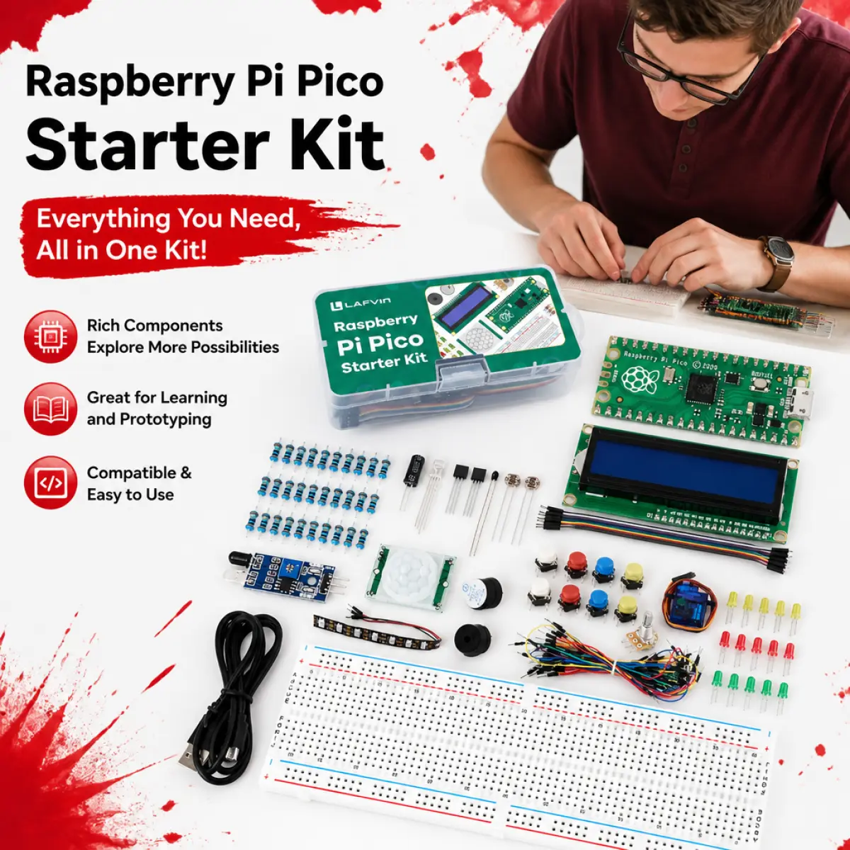 Raspberry Pi Pico Starter Kit for STEM Education, RP2040 Board with LCD1602, Servo Motor, Sensors & Tutorial – Learn MicroPython, C, Piper Make Programming for Beginners Teens