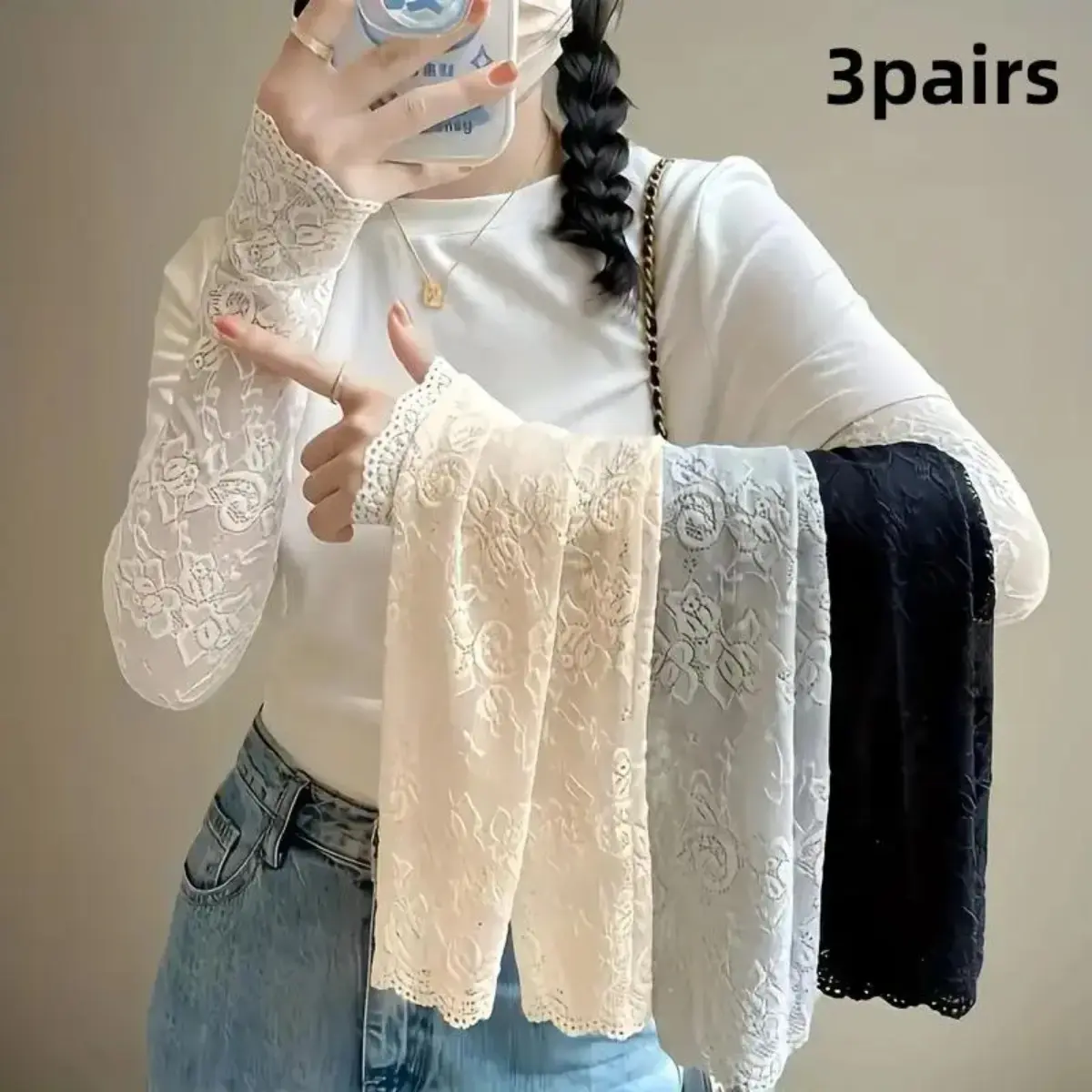 Women's Casual Sports Elbow-Length Fingerless Gloves, 3-Pair Pack with Decorative Lace & Embroidery, Breathable Sun Protection for Outdoor Wear