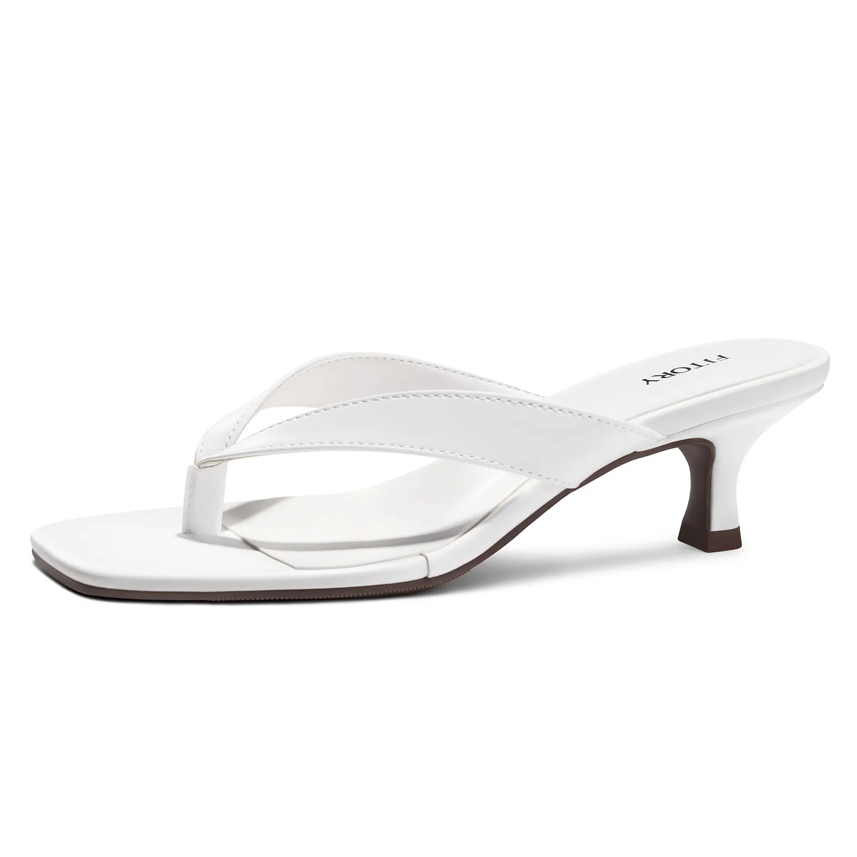 FITORY Women's Elegant Square Toe Low Heel Flip Flops - Slip-On Polyurethane Sandals for Dressy Casual Use (White), Kitten Heels, Chic