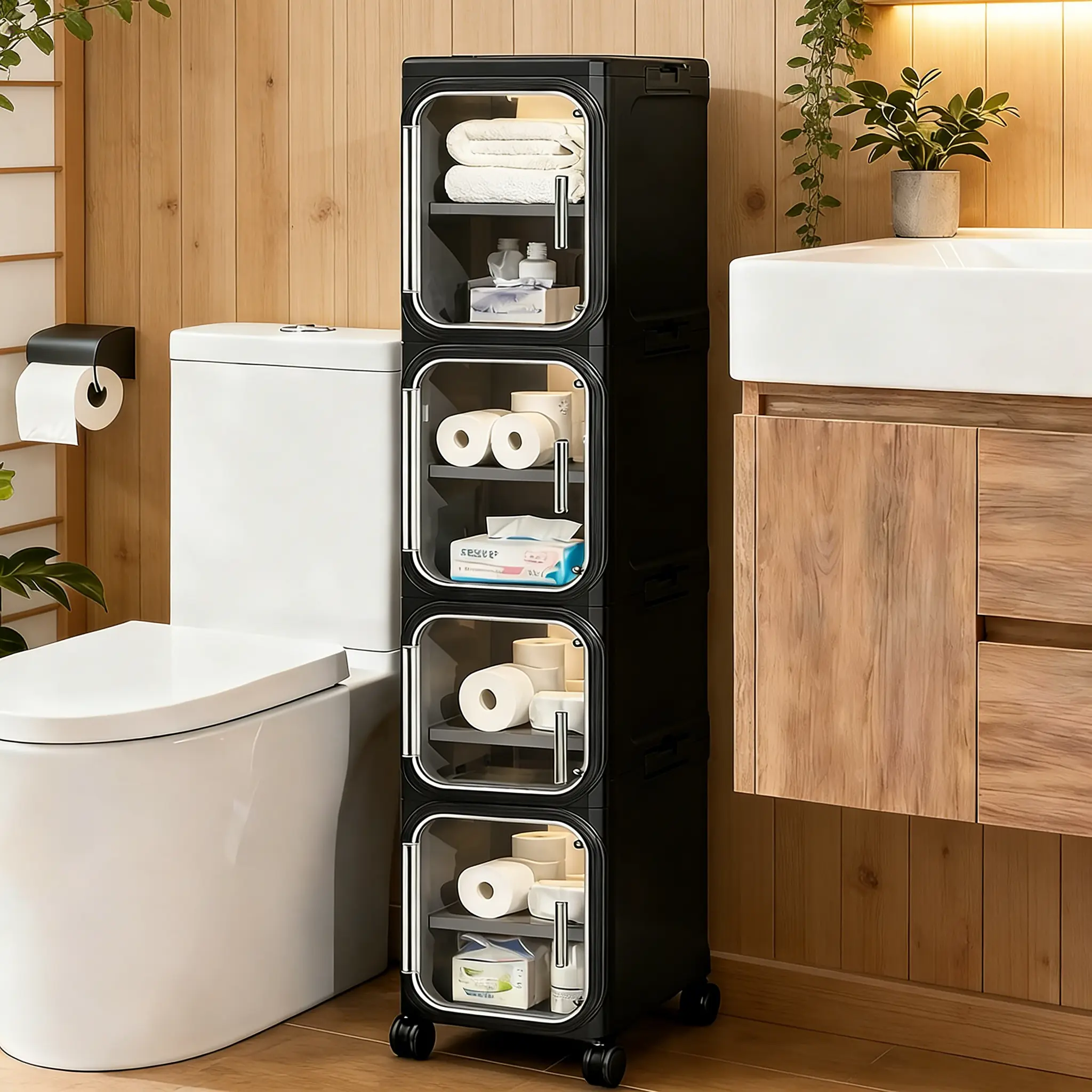 Countertop Floor Dual Use Slim Cabinet Magnetic Dust Clear Door Layered Stack Vanity Cosmetic Skincare Gap Storage Case