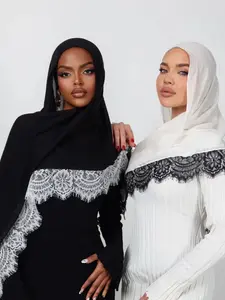 Women's Elegant Floral Lcae Hijab Scarf, Women‘s Soft Solid Rayon Modal Headwraps, Muslim Fashion Daily Wear Accessory