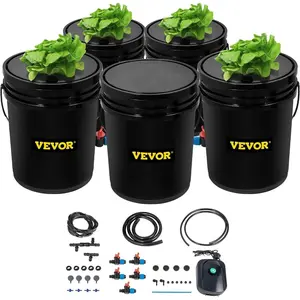 VEVOR DWC Hydroponic System, 5 Gallon 5 Buckets, Deep Water Culture Growing Bucket, Hydroponics Grow Kit with Pump, Air Stone and Connected Reservoir, for Indoor/Outdoor Leafy Vegetables