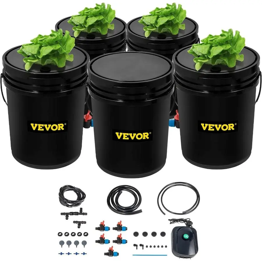 【Summerfinds】 VEVOR DWC Hydroponic System, 5 Gallon 5 Buckets, Deep Water Culture Growing Bucket, Hydroponics Grow Kit with Pump, Air Stone and Connected Reservoir, for Indoor/Outdoor Leafy Vegetablesdealsforyoudays