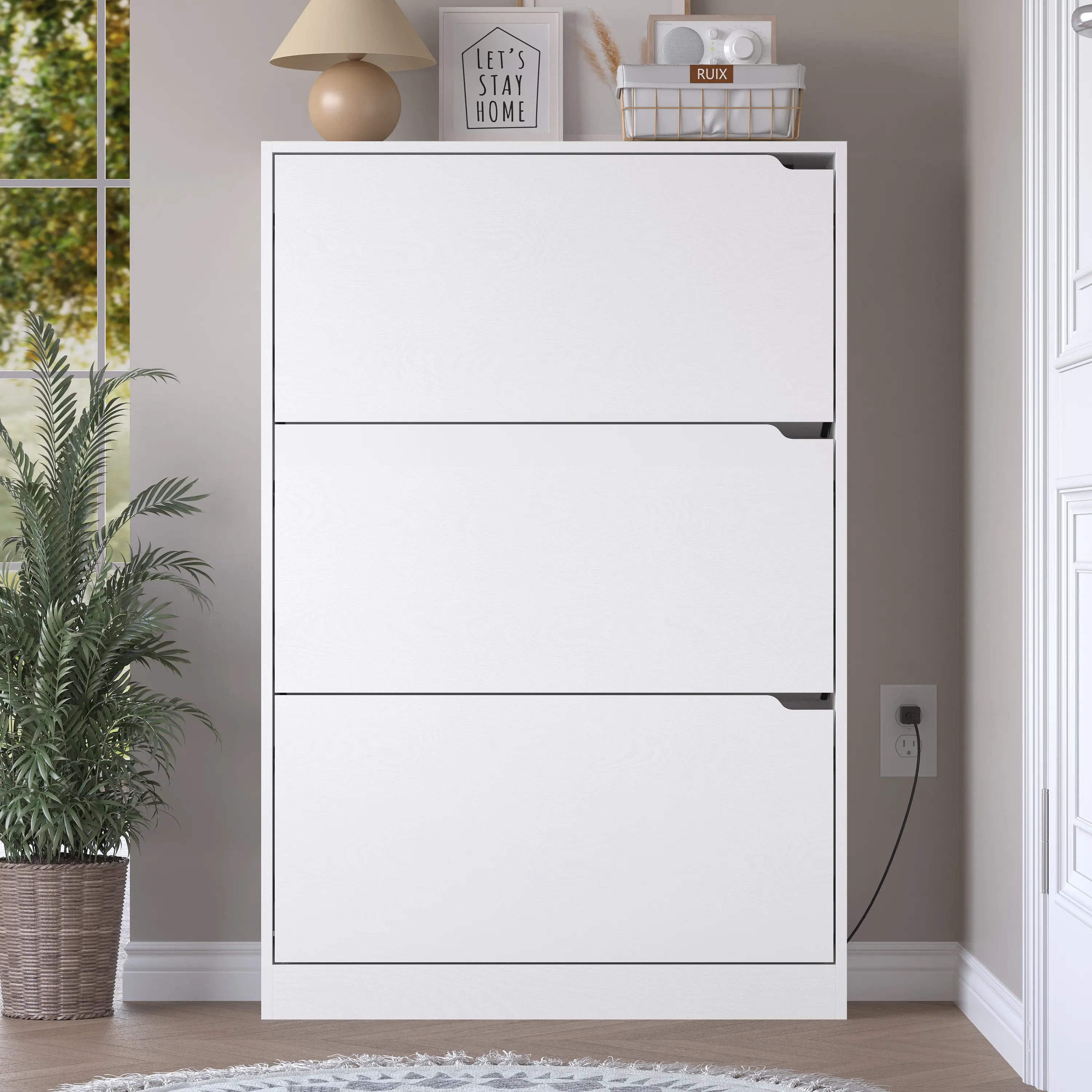 Electric Deodorizing Wooden Shoe Storage Cabinet - 3-Tier Flip-Drawer Narrow Adjustable Racks, Freestanding Slim Organizer with Built-In Auto Deodorizer, Modern Cabinet Blends Into Home Decor, Top Holds Keys+Wallets for Entryway, Hidden, Wall Mount, Space