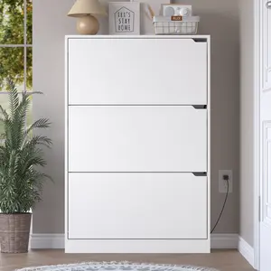 Shoe Storage Cabinet for Entryway with 3 Flip Drawers, Sturdy Wood Hidden Shoe Storage, Freestanding Narrow Slim Shoe Organizer for Front Door Entrance, Living Room, Hallway, Bedroom, White  Natural Finish