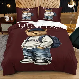 Handsome teddy bear printed pattern duvet cover set, including 1 duvet cover and 1 or 2 pillowcases, without a core or pillow, suitable for bedroom or dormitory bedding set, suitable for gift giving or personal use