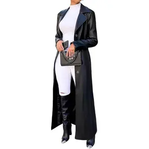 Womens Faux Leather Long Trench Coat Lapel Collar Button Down Maxi Overcoat Duster Jacket for Fall & Winter
