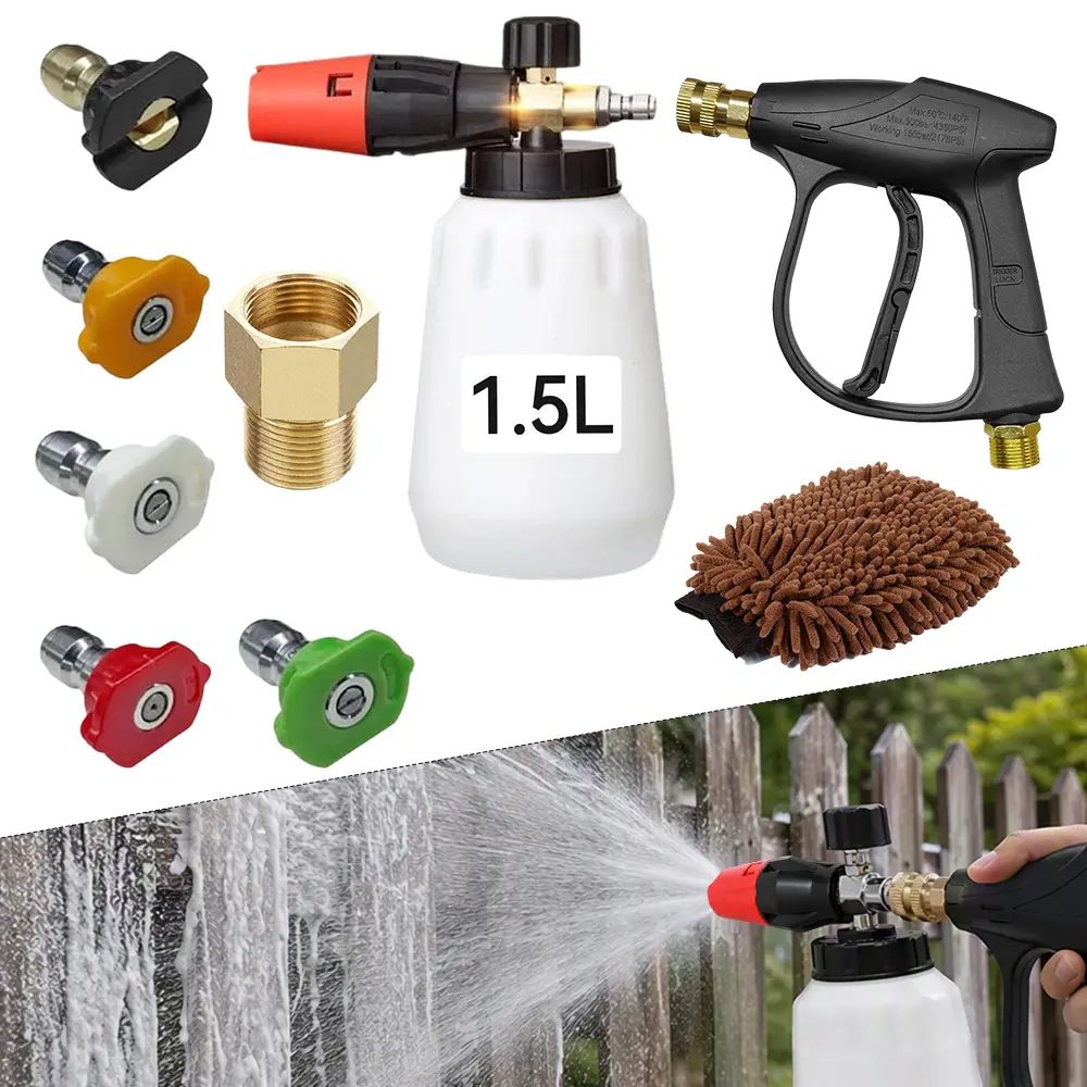 1 Set Foam Cannon Kit with Pressure Washer Short Gun, 1 L Snow Foam Lance with 1/4 Inch Quick Connector, Foam Blaster with Pressure Washer Gun,4000 PSI