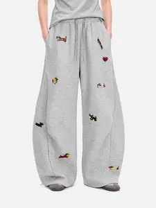 Aelfric Eden Women's Aesthetic Embroidered Cartoon Animal High-Waist Medium Baggy Wide-Leg Sweatpants - Drawstring Elastic Waist, Pockets, Casual Vintage Streetwear Clothing, Whimsical Trending Pants for Women
