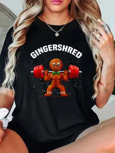 100% Cotton Unisex Gingershred Funny Gingerbread Man Gym Bodybuilding Christmas T-Shirt，Autumn Women's T-shirt Christmas Happy Letter Snowflake Fun Pattern 2