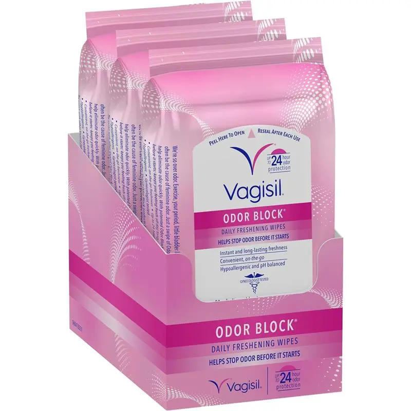 Vagisil Odor Block Daily Freshening Wipes for Feminine Hygiene, 20 Wipes (Pack of 3) - Gynecologist Tested & Hypoallergenic - Gentle, Comfort
