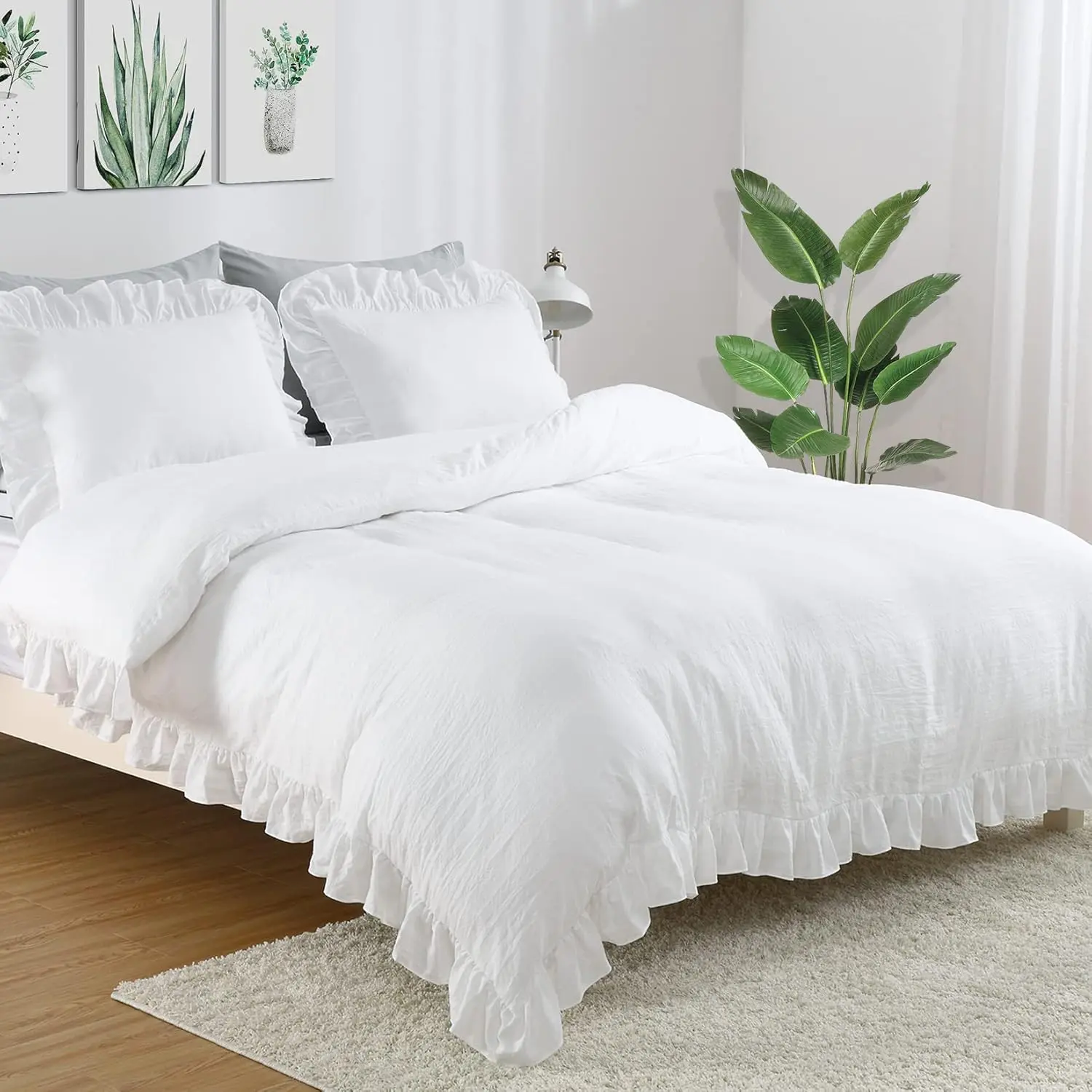 Queen Size White Ruffle Duvet Cover Set, 3 Piece Soft Microfiber Bedding, Vintage French Country Style, 90x90 Inch,back to school,back to school shopping,home decor