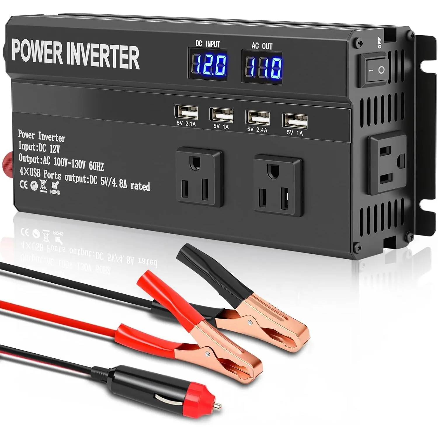 Heavy Duty 1200W Car Power Inverter, 12V to 110V Converter with 3 AC Outlets & Fast Charge USB Ports for RV Camping, Trucks, and Road Trips