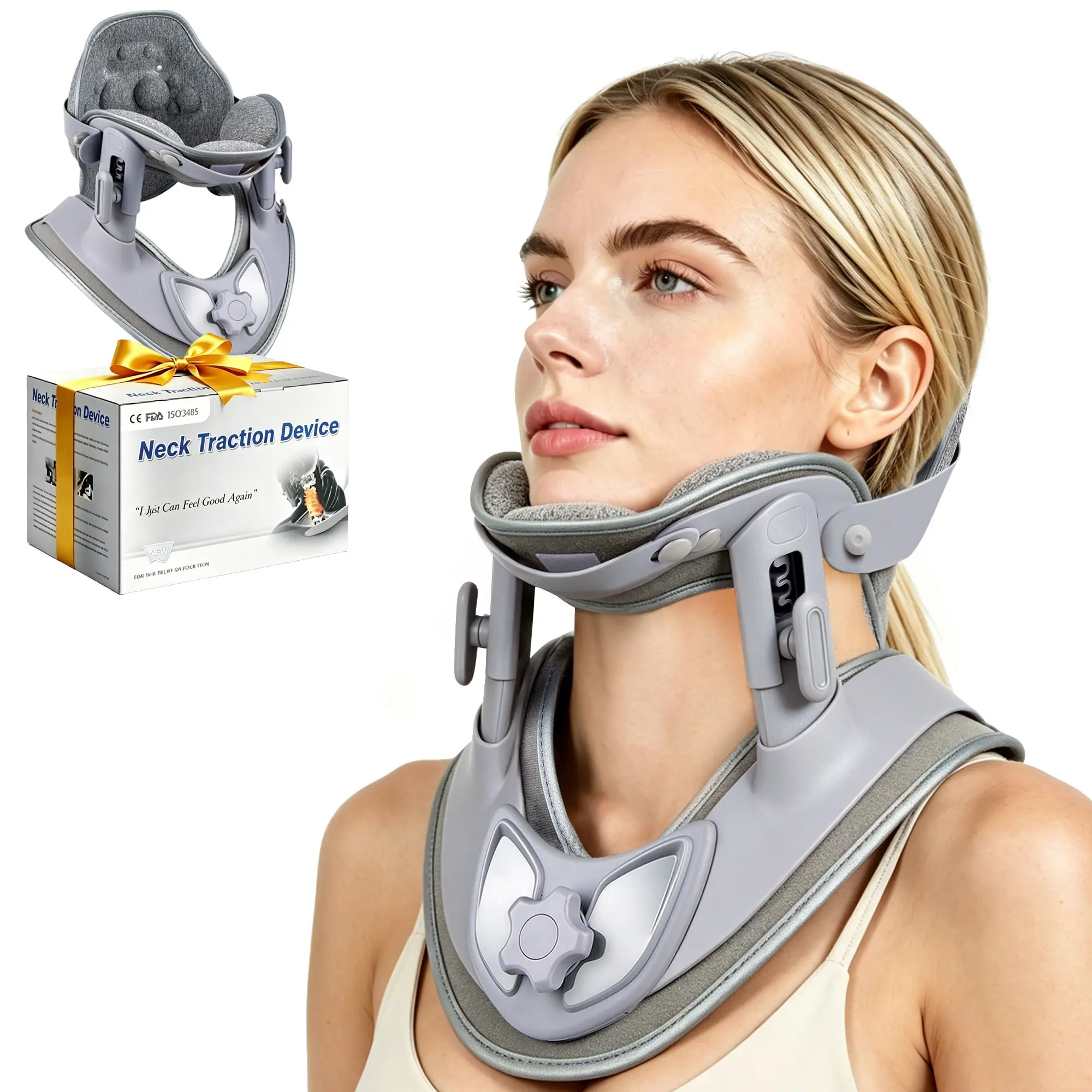 Cervical Traction Device, Lightweight & Adjustable Neck Stretcher for Neck Support, Cervical Neck Traction Device for Home Use, Ergonomic Neck Pain & Tension Relief (Grey)
