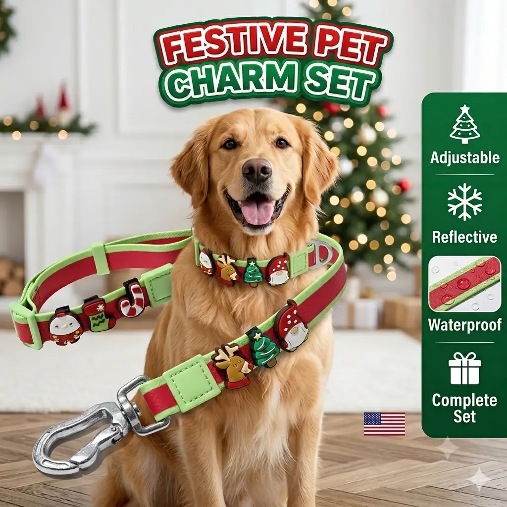 Festive Christmas Dog Collar and Leash Set - Waterproof PVC, Adjustable, Reflective, with Holiday Charm for Night Visibility, Set Includes Pet Walking Accessories for Small, Medium, Large Dogs (Gift)