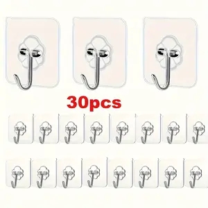 30 transparent non-marking adhesive hooks - non-damage, nail-free wall installation, suitable for photo frames and tiles, strong fixing and multi-surface compatibility, Wall Mounted Hook