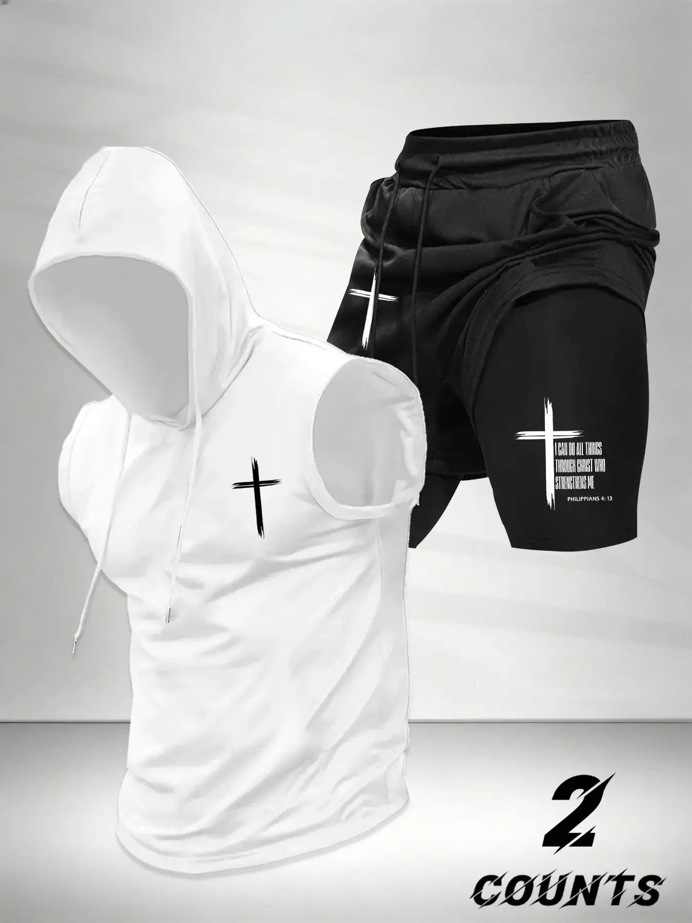 Men's Fashion 2-Piece Activewear Set, Cross Print Hooded Sleeveless Vest Top and Drawstring Waist Basketball Shorts, Comfortable Casual Athletic Gift