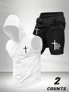 Men's Fashion 2-Piece Set, Cross Print Hooded Sleeveless Vest Top and Drawstring Waist Basketball Shorts, Comfortable Casual Gift