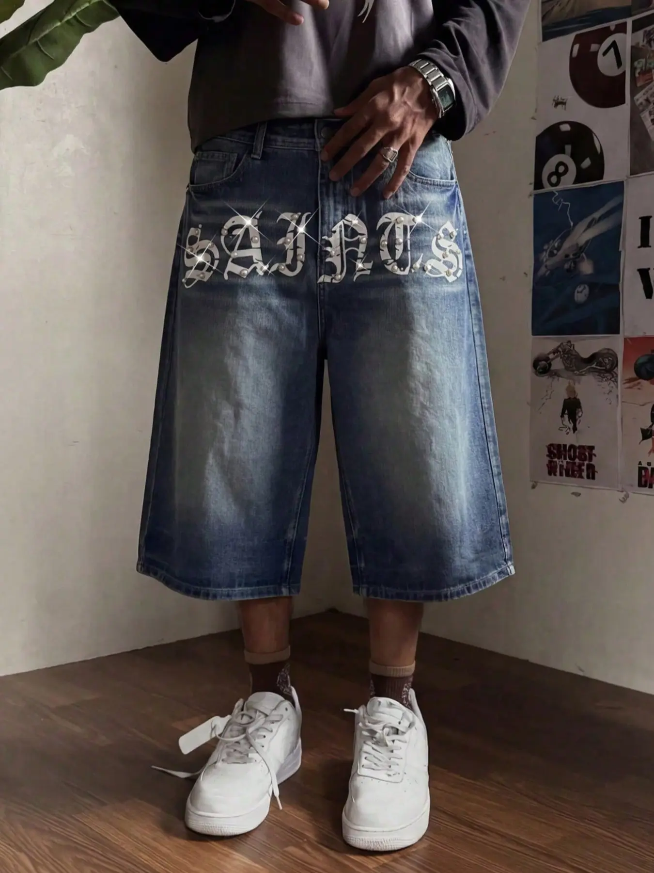 Sparkly Denim Shorts with Rhinestones, Pearl Summer Pants, Loose-Fit Mid-Waist Jeans, Fashionable Streetwear, Daily Wear, Bottom, Glitter Sequins Shorts