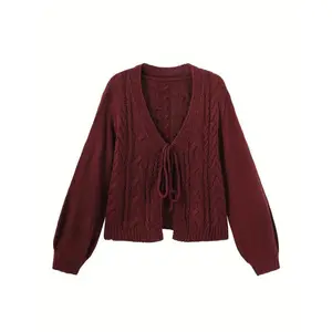 Women’s Cozy Maroon Cable Cardigan MP 2798858 Acrylic Knitwear V-Neck Lantern Sleeves Drawstring Detail Short Length Fall Winter Chic Tops