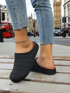 Women's Breathable Open Toe Slip-On Sandals, Mesh Flyknit Flat Mules, Outdoor Anti-Slip Soft Rubber Sole, Casual Versatile Slippers