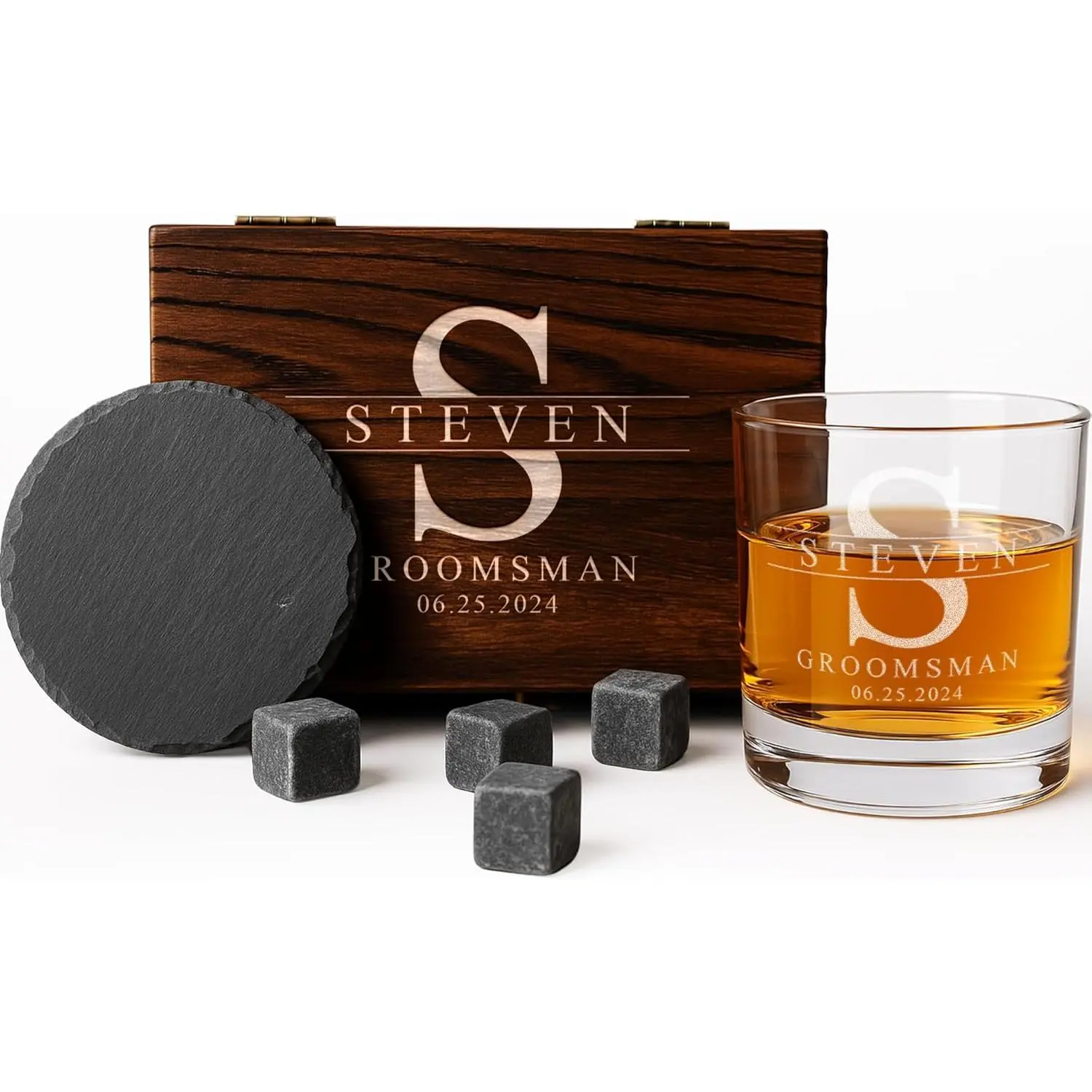 Personalized Whiskey Glass Gift Set – 4 Designs Custom Glass – Engraved 11 oz Scotch Glass with Slate Coaster, Chilling Stones & Wooden Box – Whiskey Gift Set for Men (Groomsmen Design)