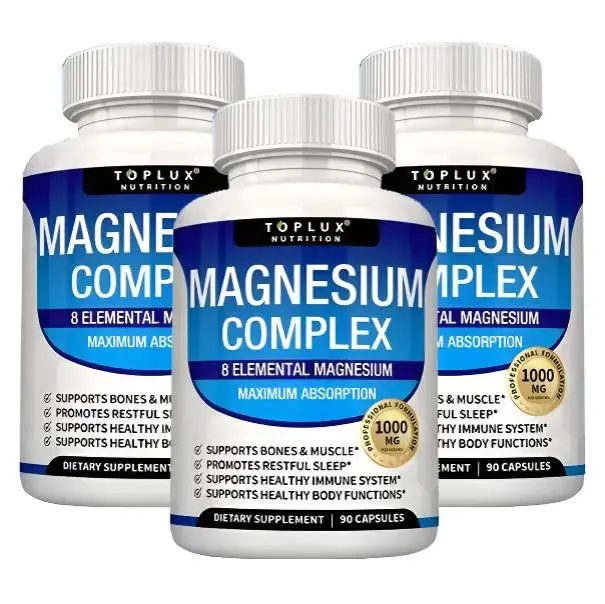 3 Bottles of Nutrition MagnesiumComplex Toplux 7 Elemental SourcesMen Women Bone Muscle SleepImmune Support Nature DecentFitness Dietary Supplement MalateTaurate Chelated for Easy Absorptionfor Bones Muscle Recovery Energy1000mg 90 Capsules