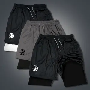 Lion Icon Double-Layer Sports Shorts Men's Three-Piece Set Graphic Camo Black Streetwear Outfits Quick-Drying Breathable Elastic Waistband