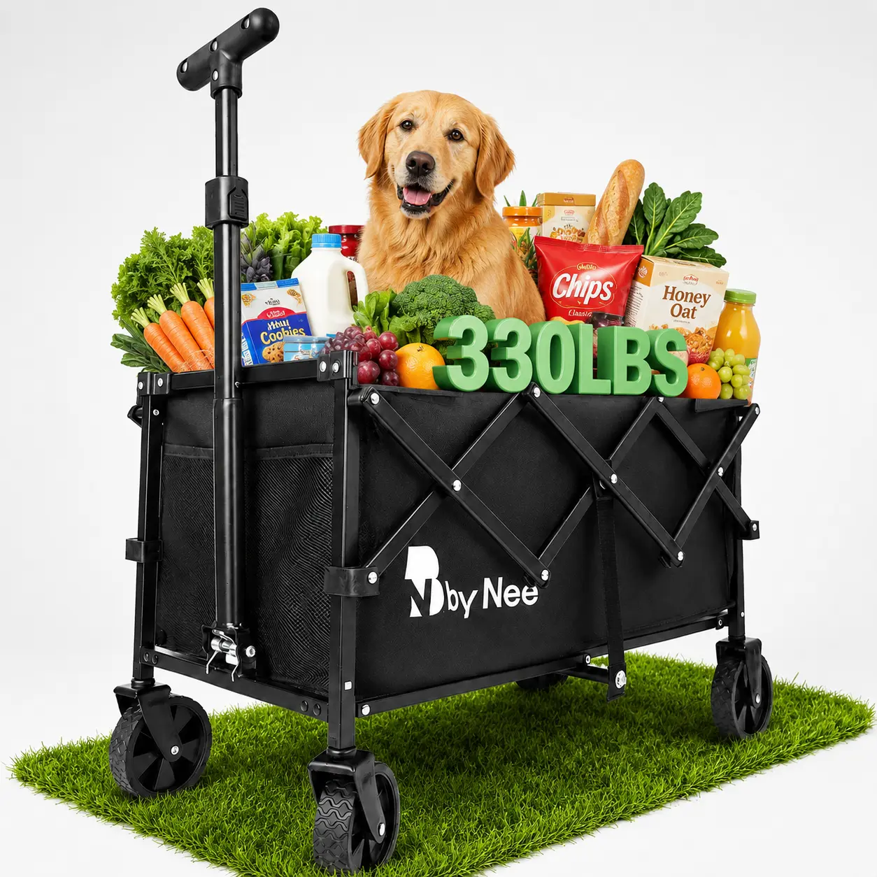 Black All-Terrain Portable Folding Utility Cart - 330Lbs Capacity, 150L Volume, Collapsible Grocery Wagon for Beach, Camping, Outdoor Sports & Hunting Use