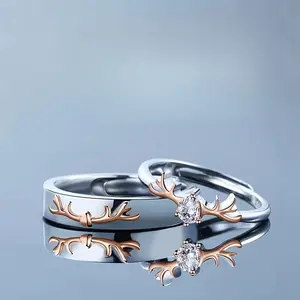1 Set - 2pcs, Forest Antler Theme Couple Rings, Adjustable Ring Size, Suitable for Daily Wear, Valentine's Day Gift, Anniversary Gift, for Teenager