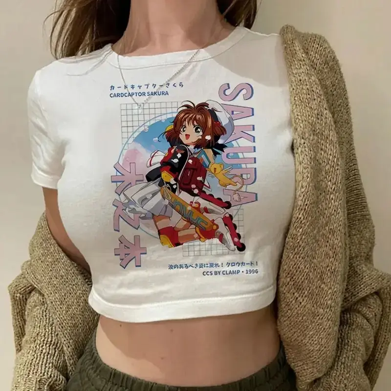 Cardcaptor Sakura Baby Tee Kawaii Y2K Graphic Crop Top Sakura Kinomoto Kero Clamp Japanese Retro Manga Premium Cotton Slim Fit Short Sleeve Tee Streetwear Aesthetic Gift