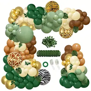 142pcs Jungle Theme Multicolor Latex Balloon Arch Kit - Sage Green, Brown, Animal Print Balloons, Palm Leaves, Tutu Garland for Woodland Tropical Birthday Party Decor, Latex Balloons