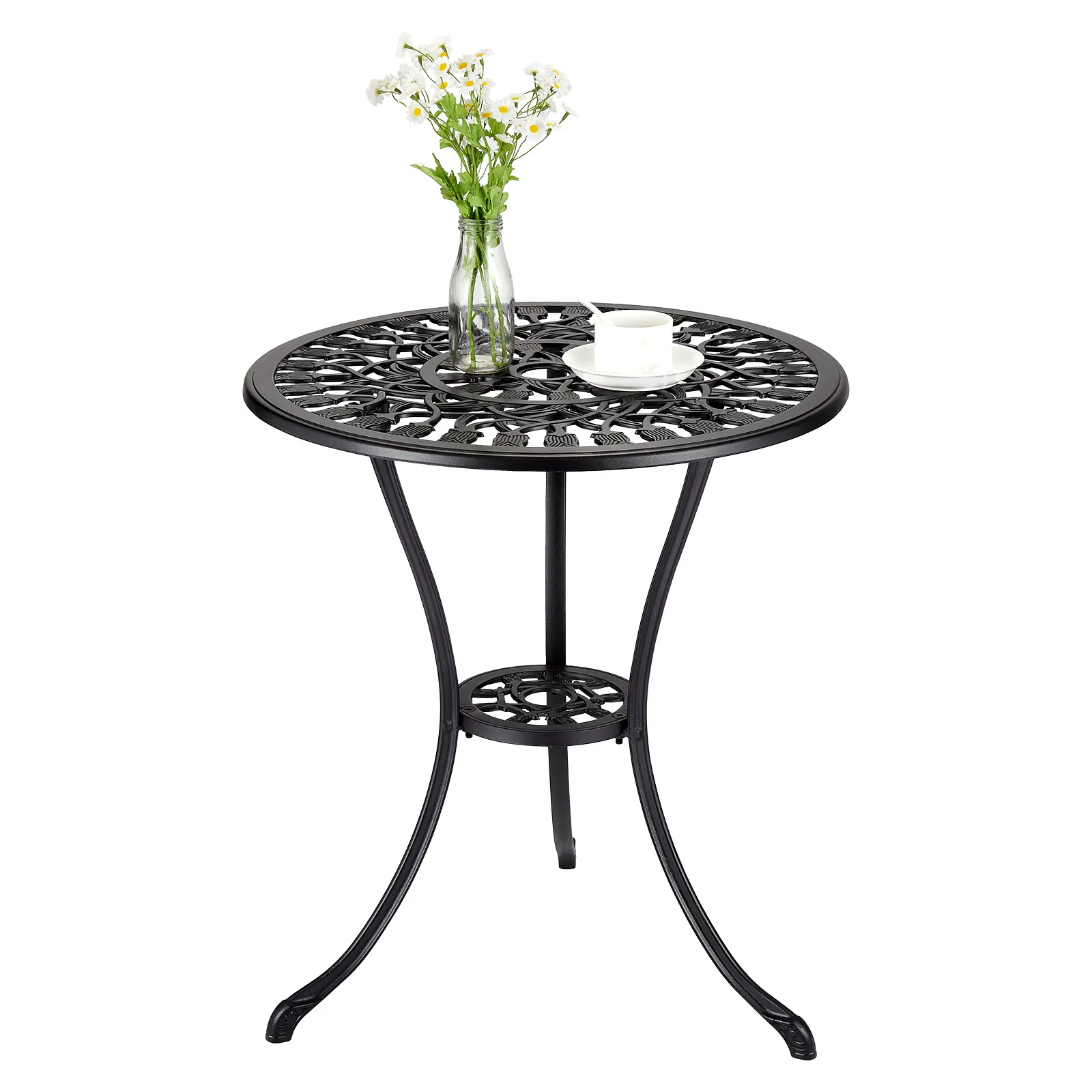 23" Cast Aluminum Patio Bistro Table, Outdoor Coffee Tea Table with Umbrella Hole, Antique Design Round Side End Table, Patio Conversation Table for Backyard Porch Pool Balcony Deck