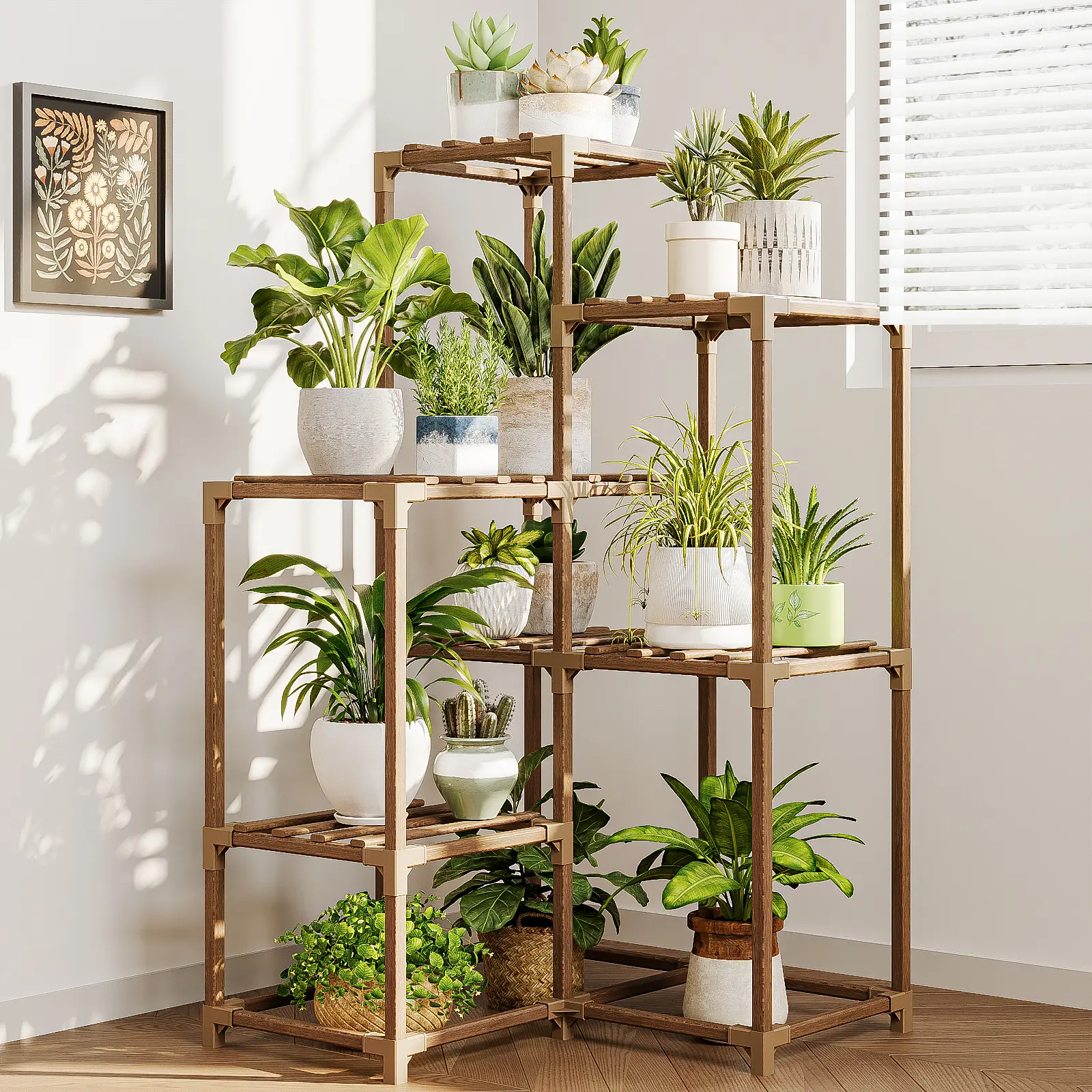 Bamworld 7-Tier Carbonized Wood Corner Plant Stand, Multi-Purpose Corner Shelf for Indoor Living Room & Outdoor Use, Includes Connectors for Plant Display, Plant Stand Racks, Wooden Raised Racks