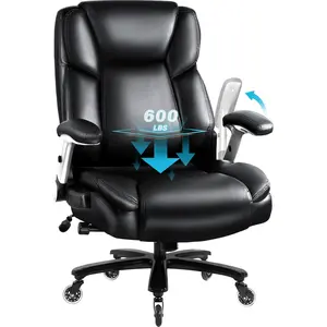 PUKAMI 600lbs Big and Tall Office Chair with Flip up Armrest, Large Heavy Duty with Ergonomic Lumbar Support, Leather Office Chair for Heavy People with Quiet Rubber Wheel