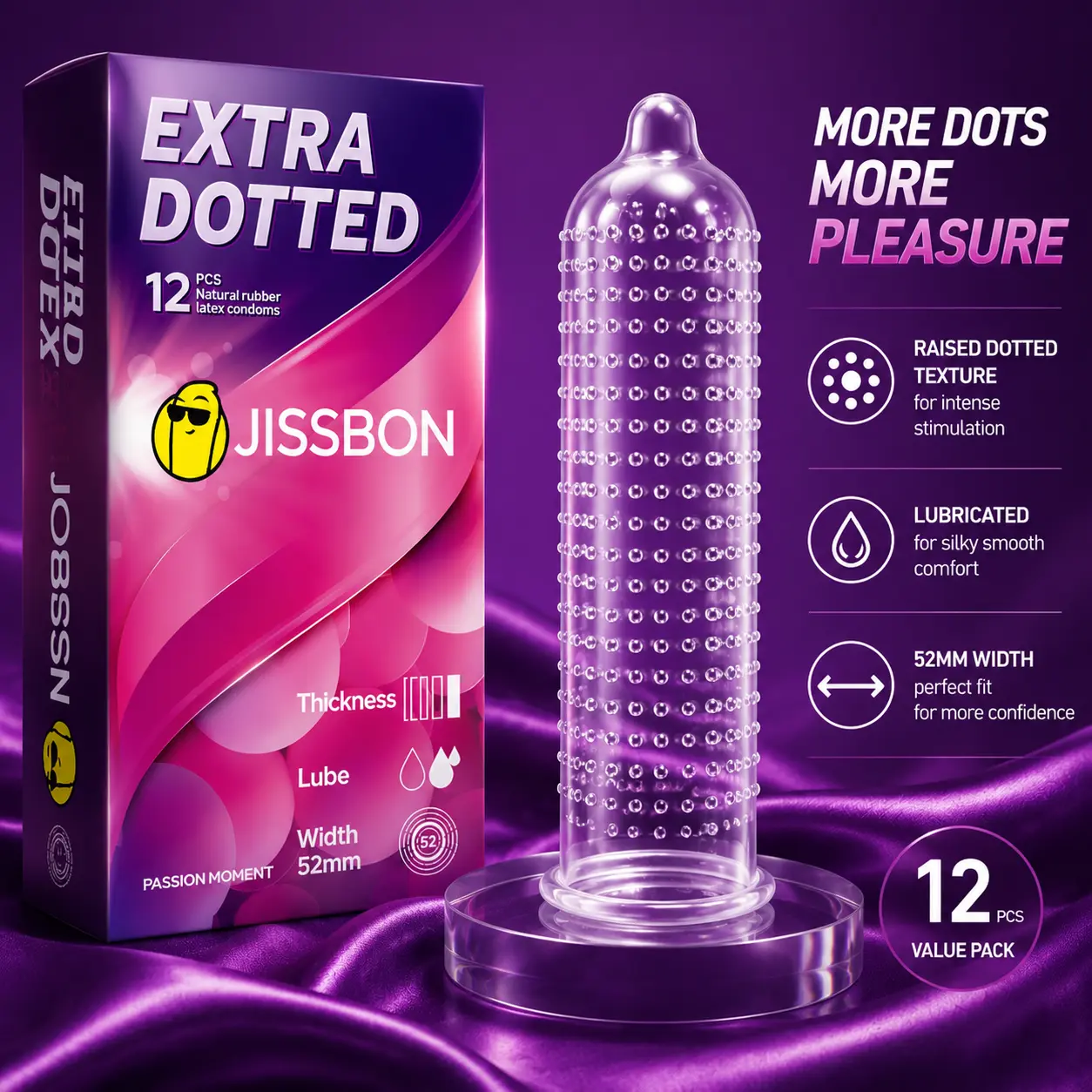Jissbon 3D Dotted Condoms, 12 Counts Raised Texture For Adult Couples Use