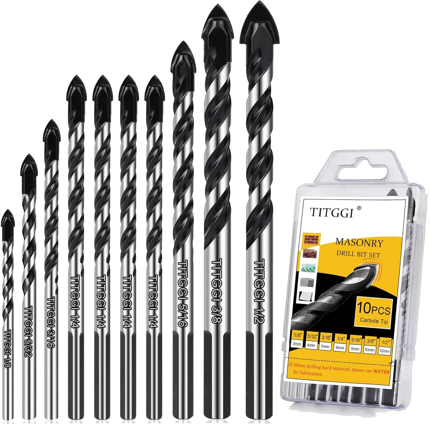 10-Piece Masonry Drill Bit Set & Concrete Drill Bit Set, 7 Sizes, 1/8"-1/2" | Carbide Drill Bits for Tile, Ceramic, Glass, Cement & Brick, Bath & Kitchen, Dual U-Groove, 3-Flat Shank, Standard Drill Fit
