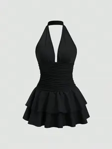 Women Black Backless Ruffle Mini Dress Elegant Vacation Summer Outfit
