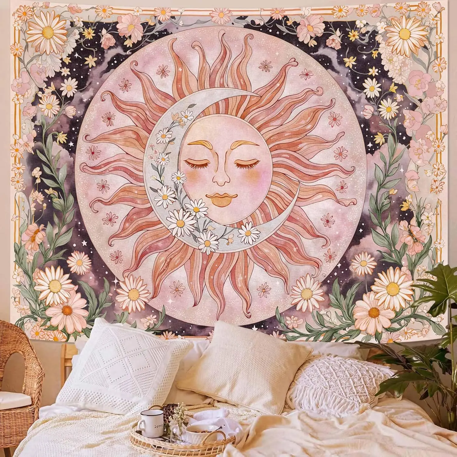 Neasow Sun Moon Daisy Tapestry, Boho Aesthetic Floral Wall Art, Pink Hippie Decor for Living Room Bedroom Home, 36x48 inches Flower Wall Hanging Combo cheap bedroom decor bedroom decor things for rooms