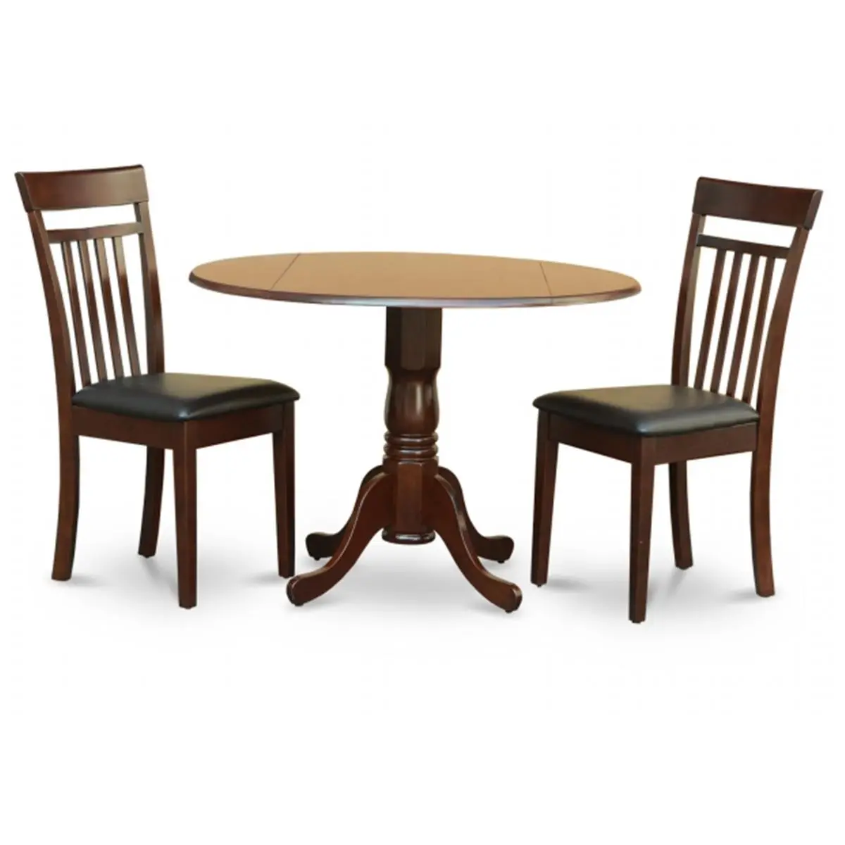 East West Furniture 3PC Wood Set - Convertible Round Mahogany Finish Dining Room Table with 2 Drop Leaves, 2 Slat-Back Dinette Set Chairs with PU Leather Upholstered Seats