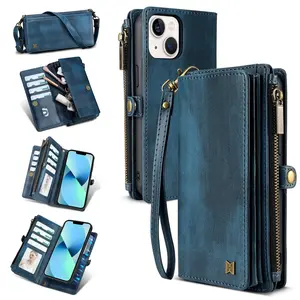 iPhone 13 Chic Blue Wallet Case with Lipstick & Headphones Holder Premium Faux Leather Multi-Functional Design RFID Blocking Technology