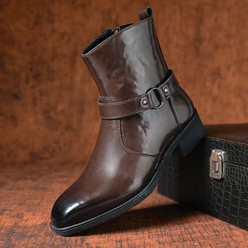 CYUW Men’s Retro Buckle Ankle Boots, Side Zipper Chelsea Boots, Chunky Heel Non-Slip Business & Commuter Shoes, Comfortable Low-Heel Dress Motorcycle Boots