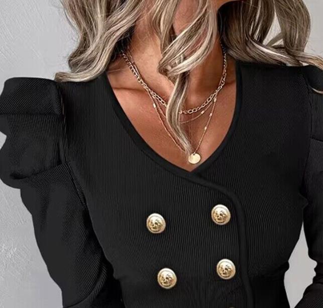 Long Sleeve Blouse with Gold Buttons - Executive Design