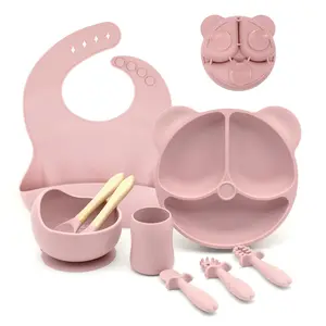 Bear Design Silicone Baby Feeding Set, 9 Counts/set Including Bowl, Spoon, Fork, Bib, Cup, Spoon Fork, Baby Dinnerware Set, Baby Tableware Set, Drinking Feeding Supplies