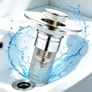 Bathroom Sink Drain Filter & Hair Trap with Cleaning Pop-Up Stopper, Removable Stainless Steel Basket, US Standard Sink Replacement Sieve