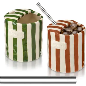 2 Pack Ceramic Coffee Mug with Sip Hole Espresso Cup 10oz with Straws Retro Hand Painted Striped Ceramic Coffee  Travel Mug Latte Cup for Kitchen Dining Travel (Simple,Green,Brown)