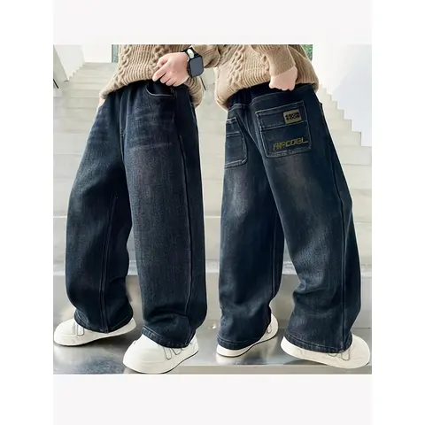 Boys' Plain Blue Denim Jeans - Child Size 11-12 Years, Adjustable Elastic Waistband, Loose-Fitting Full Length, Real Pockets, Casual Bottoms