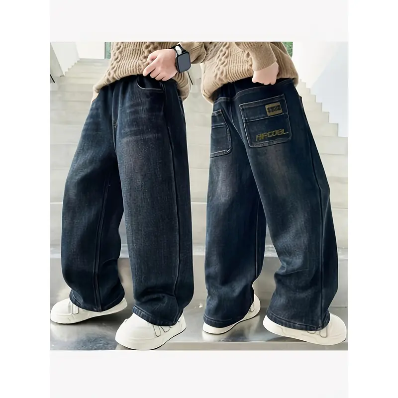 Boys' Plain Blue Denim Jeans - Child Size 11-12 Years, Adjustable Elastic Waistband, Loose-Fitting Full Length, Real Pockets, Casual Bottoms