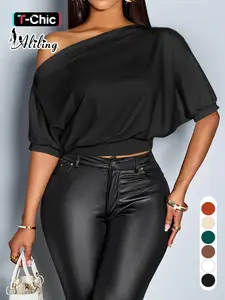 Aliling Elegant Casual Women's Plain Solid Basic Short Sleeve High Waist Fitted T-Shirt, Stylish All Seasons Fashion Womenswear Top, Slanted Asymmetrical Neck Design